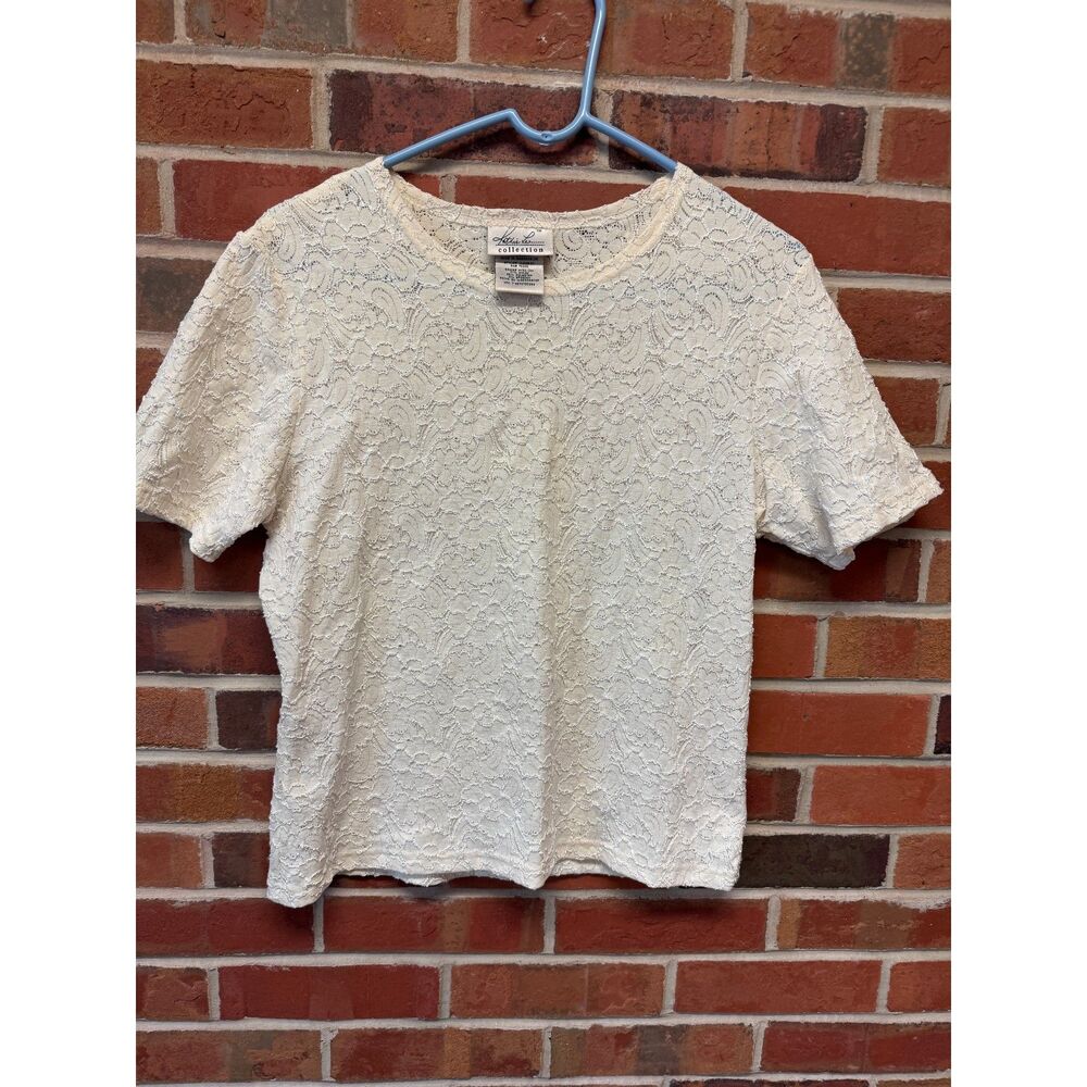 Kathie Lee Collection White Floral Lace Blouse Size M 8/10 Stretch